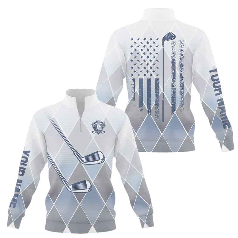 Blue argyle pattern American flag Golf clubs Quarter zip golf sweatshirt Custom patriotic Golf sweater NQS9126