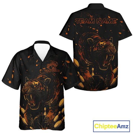 Personalized Black and Orange Tiger Bowling Team Hawaiian Shirt, Tiger Bowling Jersey NQS11203