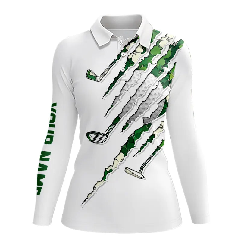 Green shamrock pattern White Women Golf Polo Shirt Custom golf clubs St Patrick day ladies golf attire NQS9476