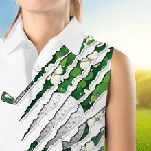 Load image into Gallery viewer, Green shamrock pattern White Women sleeveless polo Custom golf clubs St Patrick day ladies golf attire NQS9476