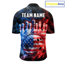 Load image into Gallery viewer, Smoke American Flag Bowling ball and pins Bowling Shirts for Men Custom patriotic Team Bowling Jersey NQS11606