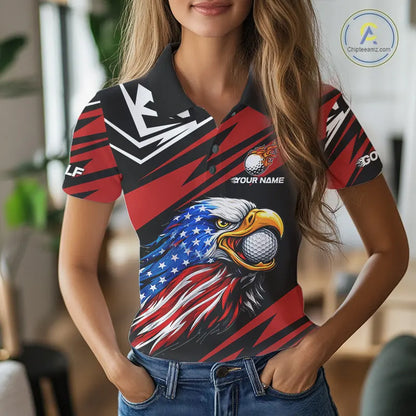 Custom Black and Red Camo American Flag Eagle Women Golf Polo shirts, patriotic team ladies golf tops NQS11608