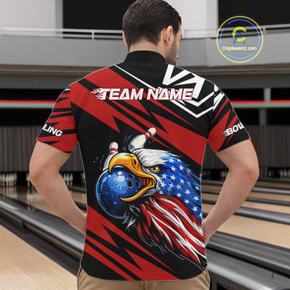 Custom Black and Red Camo American Flag Eagle Bowling shirts for men, patriotic bowling team shirts NQS11609