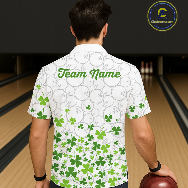 Custom Green shamrock pattern White Camo Button-up Bowling shirts St Patrick's day team bowling shirt NQS11611