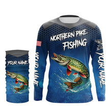 Load image into Gallery viewer, Blue camo Northern Pike fishing Custom performance long sleeve team Pike fishing tournament shirts NQS7772