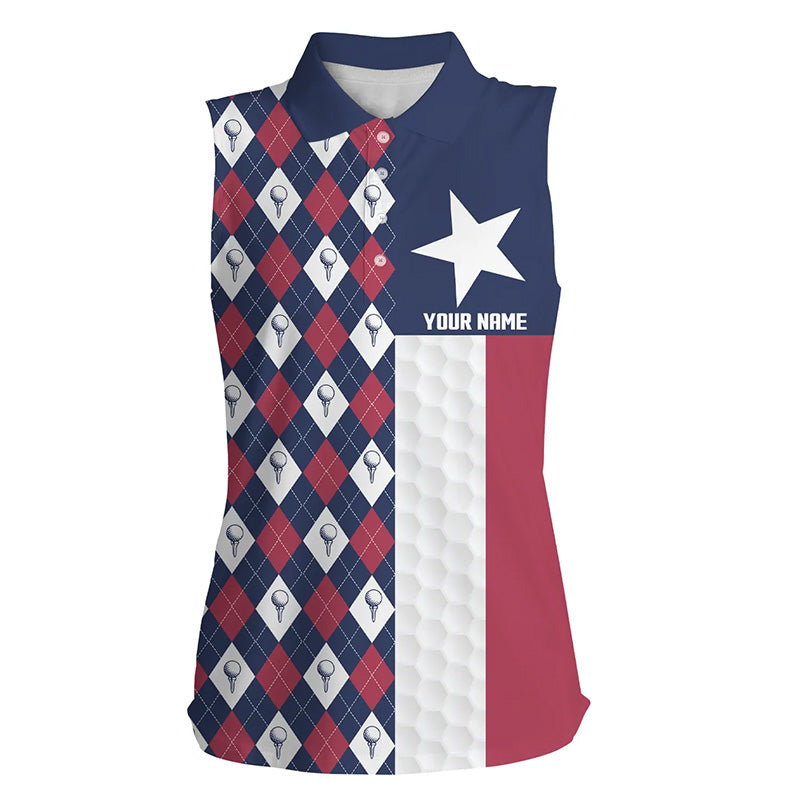 Women sleeveless polo shirts custom Red white blue argyle pattern Texas flag patriot ladies golf gifts NQS7777