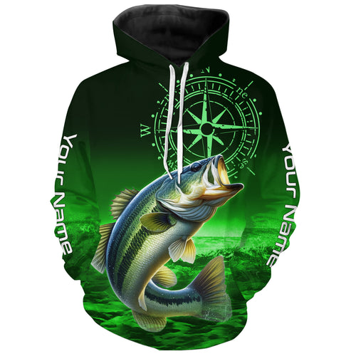 Personalized Bass Green Performance Fishing Hoodie, Bass Compass tournament Shirts NQS5881