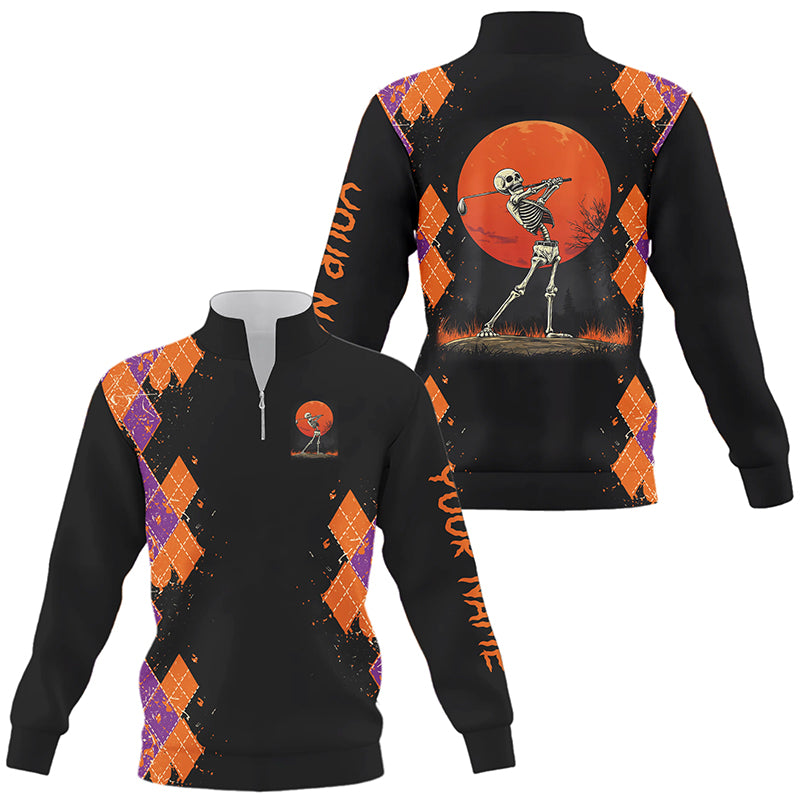 Funny Skull Halloween argyle pattern black Quarter zip golf sweatshirt custom Halloween golf sweater NQS8651