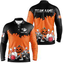 Load image into Gallery viewer, Black and Orange Funny Pumpkin Skull Bowling Shirts For Men Custom Halloween Team Bowling Jerseys NQS8656