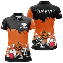 Load image into Gallery viewer, Black and Orange Funny Pumpkin Skull Bowling Shirts For Women Custom Halloween Team Bowling Jerseys NQS8656