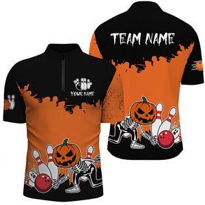 Black and Orange Funny Pumpkin Skull Bowling Shirts For Men Custom Halloween Team Bowling Jerseys NQS8656