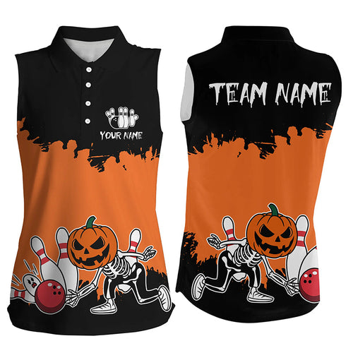 Black & Orange Funny Pumpkin Skull Bowling sleeveless polo Shirt Custom Halloween Team Bowling Jersey NQS8656