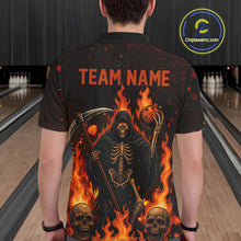 Load image into Gallery viewer, Black And Orange Flame Reaper Skull Custom Halloween Bowling Team Shirts For Men, Bowling Gifts NQS10835
