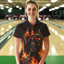 Load image into Gallery viewer, Black And Orange Flame Reaper Skull Custom Halloween Bowling Team Shirts For Women, Bowling Gifts NQS10835