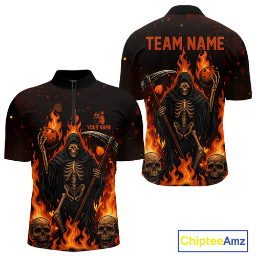 Black And Orange Flame Reaper Skull Custom Halloween Bowling Team Shirts For Men, Bowling Gifts NQS10835