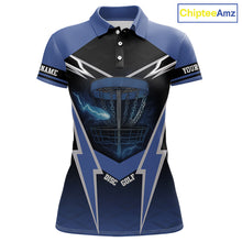Load image into Gallery viewer, Black and Blue Lightning Thunder Womens Disc golf polo shirts Custom disc golf outfit for ladies NQS10841