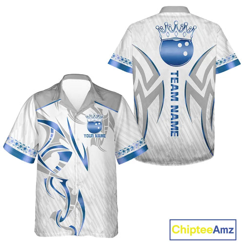 White and Blue crown Bowling ball Hawaiian Bowling Jersey Custom Bowling Team Button up shirt NQS11008