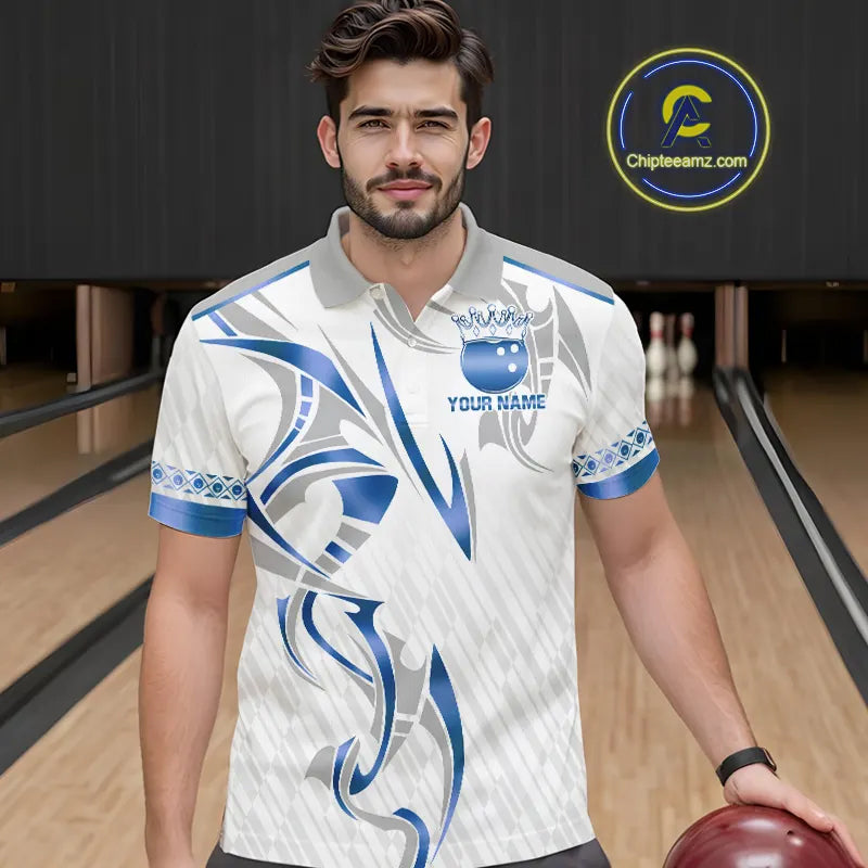 White and Blue crown Bowling ball Polo, Quarter Zip Shirts for Men Custom Bowling Team jerseys NQS11008