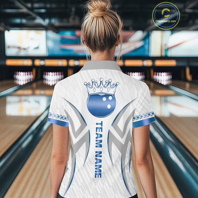White and Blue crown Bowling ball Polo, Quarter Zip Shirts for Women Custom Bowling Team jerseys NQS11008