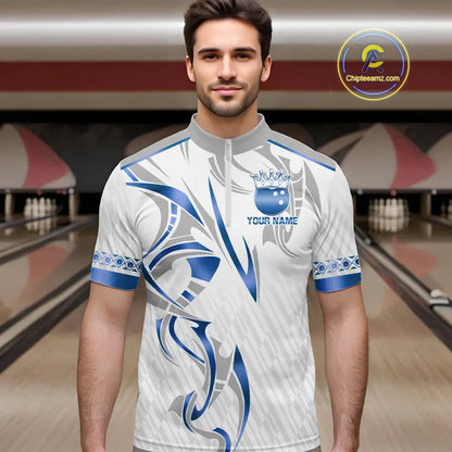 White and Blue crown Bowling ball Polo, Quarter Zip Shirts for Men Custom Bowling Team jerseys NQS11008