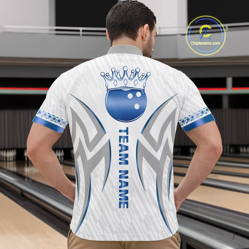 White and Blue crown Bowling ball Polo, Quarter Zip Shirts for Men Custom Bowling Team jerseys NQS11008