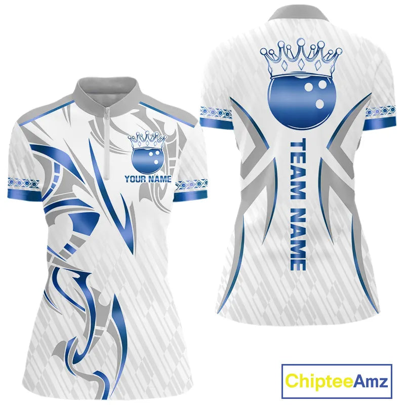 White and Blue crown Bowling ball Polo, Quarter Zip Shirts for Women Custom Bowling Team jerseys NQS11008