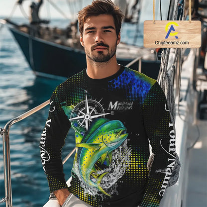 Personalized Black and Green Mahi Mahi fishing scales compass Performance long sleeve Fishing Shirts NQS11216