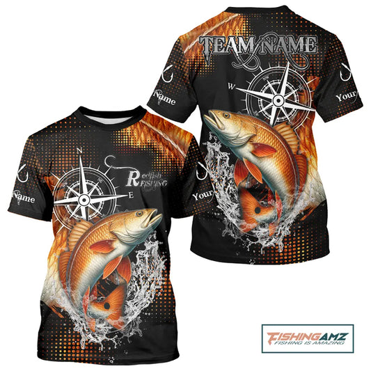 Personalized Black and Red Redfish fishing scales compass Performance long sleeve Fishing Team Shirts NQS11217