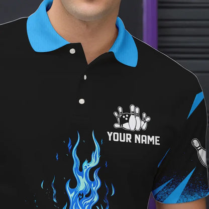 Black and Blue Flame Bowling Polo, Quarter Zip shirts for Men Custom Bowling Team League Jerseys NQS9345