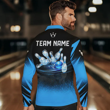 Black and Blue Flame Bowling Polo, Quarter Zip shirts for Men Custom Bowling Team League Jerseys NQS9345