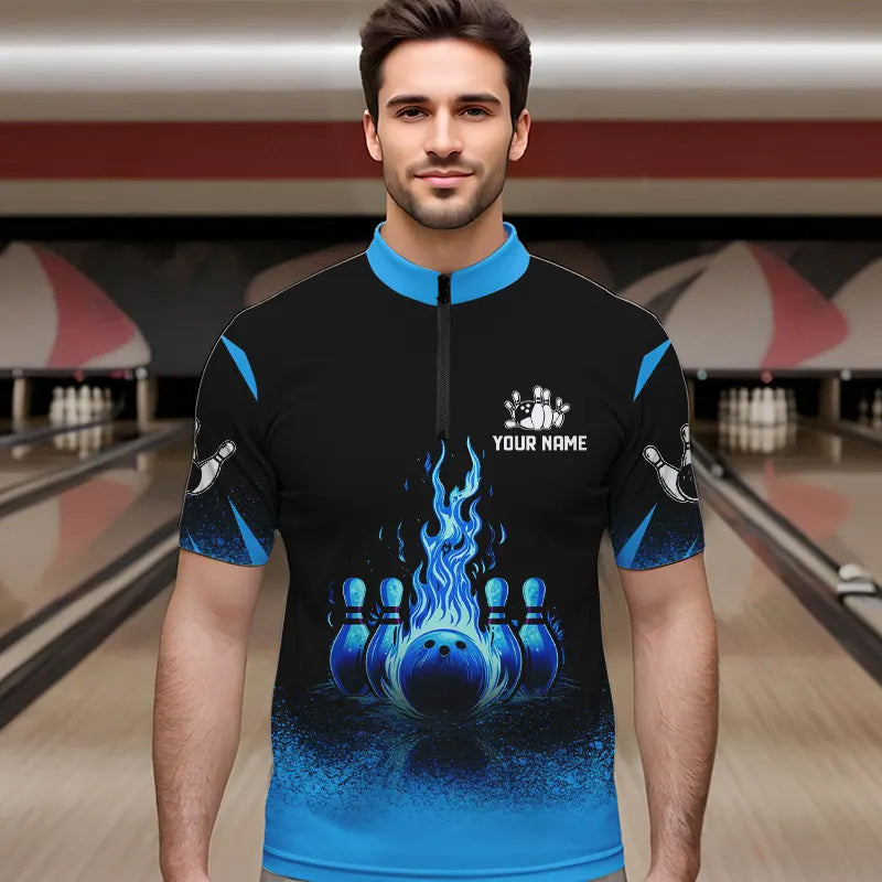 Black and Blue Flame Bowling Polo, Quarter Zip shirts for Men Custom Bowling Team League Jerseys NQS9345