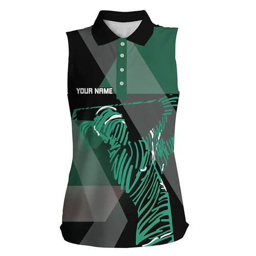 Black and green pattern Women sleeveless golf polos shirts custom golf attire for ladies, unique gifts NQS7596
