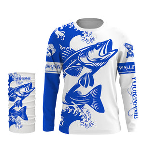 Personalized Walleye fishing tattoo jerseys, Walleye Long Sleeve Fishing tournament shirts | Blue NQS3719