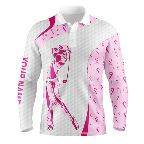 Personalized pink ribbon pattern breast cancer polo shirts for mens, custom breast cancer golf shirts NQS8432