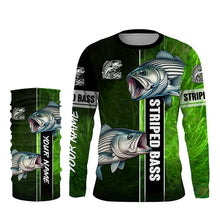 Load image into Gallery viewer, Striped Bass Striper fishing green shirt Custom name UV Long Sleeve Fishing Shirts, fishing gifts NQS2340