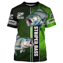 Load image into Gallery viewer, Striped Bass Striper fishing green shirt Custom name UV Long Sleeve Fishing Shirts, fishing gifts NQS2340