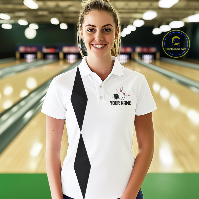 Personalized Retro Bowling Polo, 1/4 Zip Shirt For Women custom vintage bowling team jersey | White NQS11014