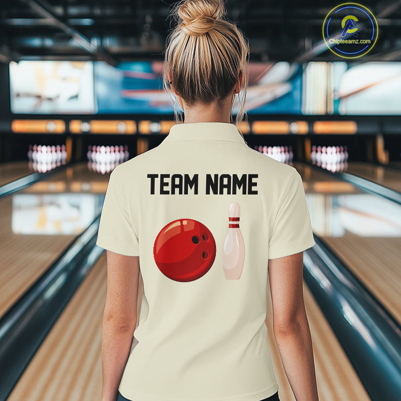 Personalized Retro Bowling Polo, 1/4 Zip Shirt For Women custom vintage bowling team jersey | Beige NQS11015