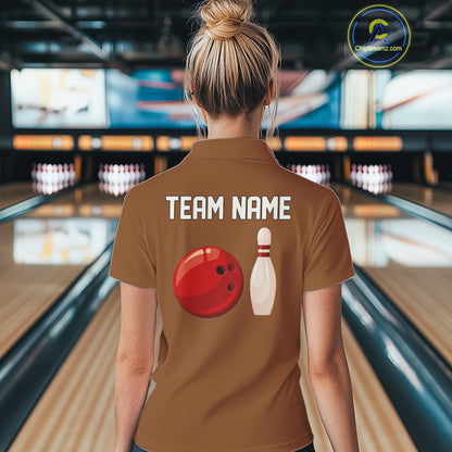 Personalized Retro Bowling Polo, 1/4 Zip Shirt For Women custom vintage bowling team jersey | Brown NQS11016