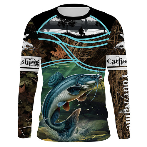 Giant catfish fishing team camo custom name UV protection fishing shirts NQSD85