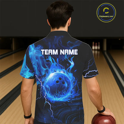 Black & Blue Flame Lightning Thunder Bowling Hawaiian Shirt Custom Bowling Team Jersey, Bowlers Gift NQS11227