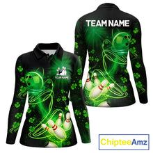 Load image into Gallery viewer, Green shamrock lightning thunder St Patrick's Day bowling shirts for women custom team bowling jersey NQS11414
