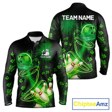 Load image into Gallery viewer, Green shamrock lightning thunder St Patrick's Day bowling shirts for men custom team bowling jerseys NQS11414