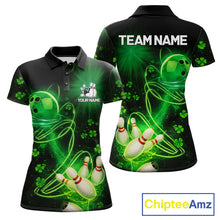 Load image into Gallery viewer, Green shamrock lightning thunder St Patrick's Day bowling shirts for women custom team bowling jersey NQS11414