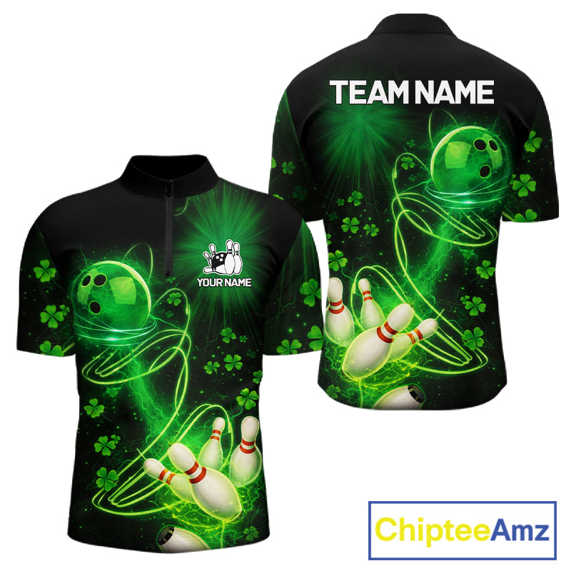 Green shamrock lightning thunder St Patrick's Day bowling shirts for men custom team bowling jerseys NQS11414