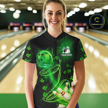 Load image into Gallery viewer, Green shamrock lightning thunder St Patrick's Day bowling shirts for women custom team bowling jersey NQS11414
