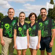 Load image into Gallery viewer, Green shamrock lightning thunder St Patrick's Day custom matching golf polo shirts for couples NQS11415
