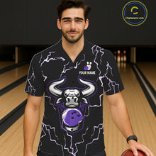 Load image into Gallery viewer, Bowling Bull Thunder Lightning Black &amp; Purple Button-up bowling shirts custom Bowling Team Jersey NQS11419