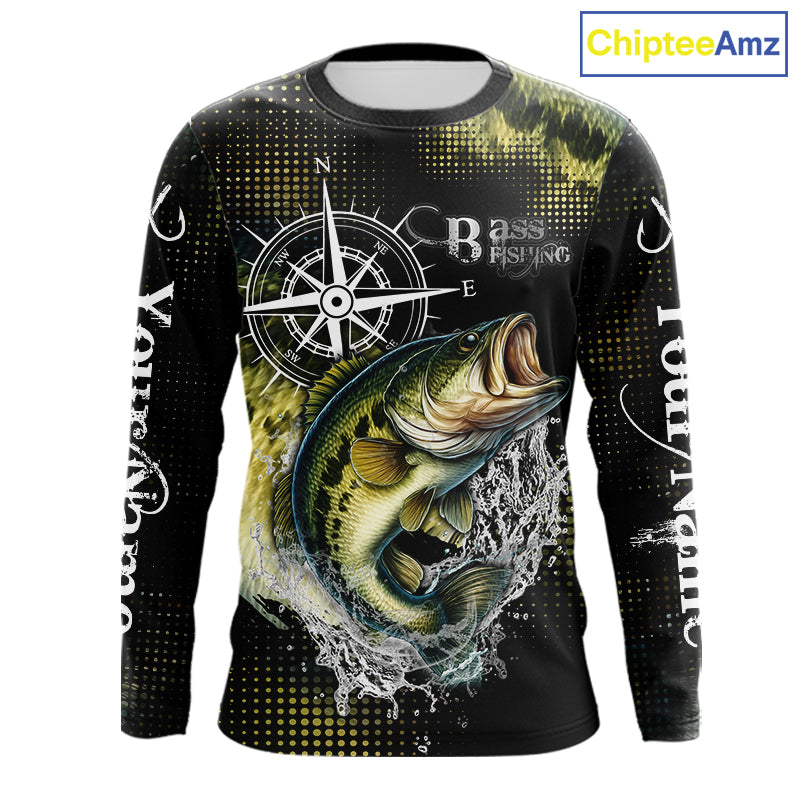 Personalized Black and Green Bass fishing scales compass Performance long sleeve Fishing Team Shirts NQS11725