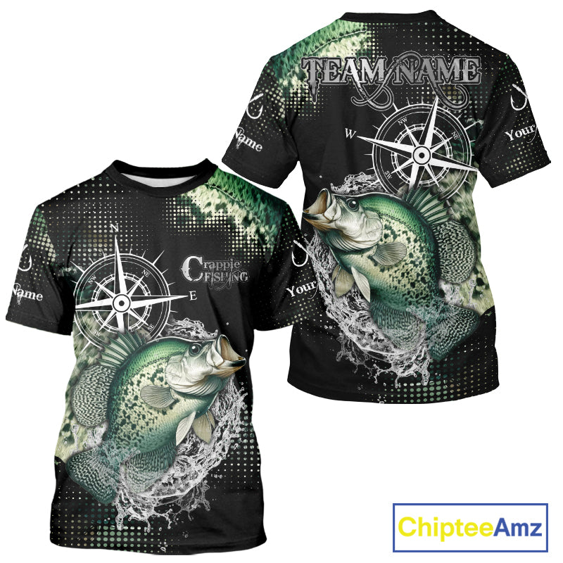 Custom Black and Green Crappie fishing scales compass Performance long sleeve Fishing Team Shirts NQS11727